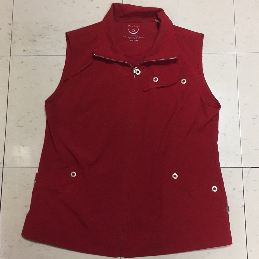 Red Zip-up Vest with Silver Button Detail & Pocket
